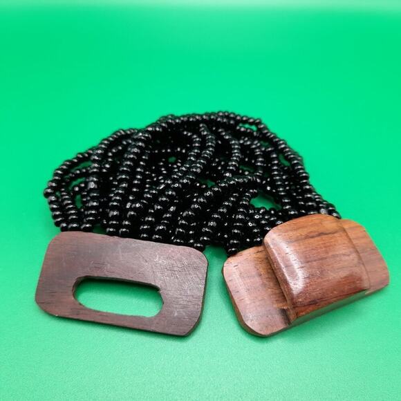 Black Beaded Wooden Clasp Bracelet, 7" by 2", 16 strands, Stretch Bracelet, - Picture 9 of 9